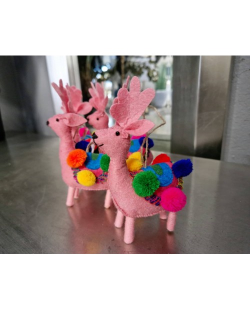 Kalėdinių žaisliukų komplektas "Pink Pompom Reindeer" (4vnt)